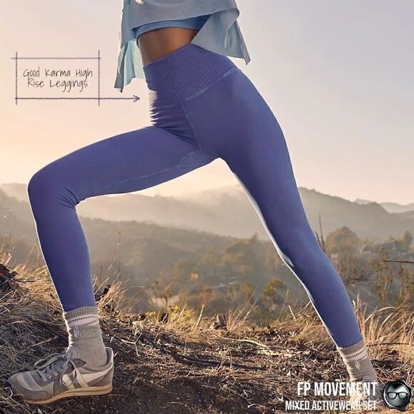 FP MOVEMENT SET GOOD KARMA SQUARE NECK BRA + LEGGINGS + HR CROP TANK VIOLET BLUE - Picture 11 of 16